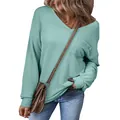 Women's casual V-neck long sleeve waffle knit pullover top with chest pocket in mint green - Mint Green