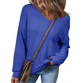 Casual blue waffle knit V-neck pullover with long sleeves and functional front pocket - Sapphire Blue