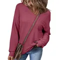 Stylish women's mauve waffle knit V-neck long sleeve pullover sweater with pocket detail - Dark Pink