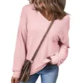 Casual pink V-neck long sleeve pullover for women with pocket and ribbed texture - Pink