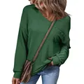 Casual green V-neck waffle knit long sleeve sweatshirt for women featuring a front pocket - Dark Green