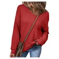 Casual red V-neck long sleeve sweatshirt with front pocket and waffle knit texture - Red