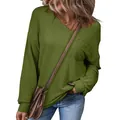 Women's olive green V-neck long sleeve sweatshirt with pocket and waffle knit texture. - Army Green