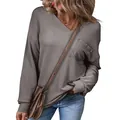 Casual women's V-neck waffle knit sweatshirt in taupe with chest pocket and long sleeves. - Khaki
