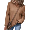 Casual brown ribbed V-neck long sleeve sweatshirt for women with a functional chest pocket. - Brown