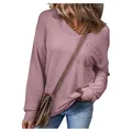 Casual pink V-neck waffle knit long sleeve sweatshirt with front pocket for women - Smoky Pink