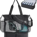 Double-layer black mesh beach bag with large capacity insulated cooler compartment. - Black
