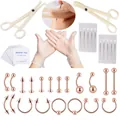Detaillierte Ansicht des 44-teiligen Piercing-Sets mit Roségoldschmuck - Roségold