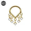 Gold G23 titanium septum ring with five sparkling zircon tassels in a V-shaped design. - 5-Bead Tassel Style (NO-2) / 1.2*8mm / Gold