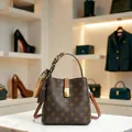 Vintage monogram print bucket bag with silk scarf handle and adjustable shoulder strap - Coffee And Brown