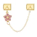 Detailed macro view of gold Italian modular charm featuring a pink rhinestone flower - Gold Base Double Link-1 Pink Rhinestone Flower / Group of 2 Modules / Gold