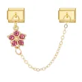 Detailed view of golden Italian charm module with pink rhinestone flower and chain connection - Gold Base Double Link-1 Rose Pink Rhinestone Flower / Group of 2 Modules / Gold