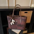 Korean fashion large capacity tote bag with abstract brown pattern and horse charm - With Charm / Brown