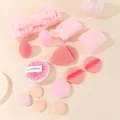 Close-up detail view of a 14pcs pink makeup sponge set including headband and wristbands - 14-Piece Makeup Care Set (Pink Series)