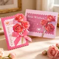 Elegant pink greeting card with rose pattern, silk bow and gold Best Wishes foil lettering - Pink Rose (Best Wishes) / Pink