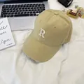Classic khaki washed cotton baseball cap with white embroidered letter R detail - 58-65cm (Adjustable) / Beige Khaki