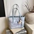 Large capacity light blue patterned tote bag with cute horse charm for commuting - With Charm / Blue