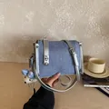 Casual blue denim texture pillow bag with silver straps and cute plush bear charm - With Charm / Blue
