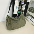 Large capacity army green canvas messenger bag with front pocket for daily casual use - Green