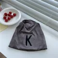 Stylish thin gray slouchy beanie hat with large black letter K patch for women - 56-59cm / Gray