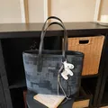 Grey patterned fashion tote bag with white horse charm for women's commute - With Charm / Black