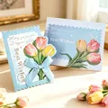 Elegant tulip greeting cards with blue bowknot and gold stamping Best Wishes text - Blue Tulip (Best Wishes) / Blue