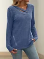 Detalle de camiseta de punto acanalado azul para mujer con cuello en V y botones - S / Tops / Azul