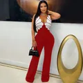 Combinaison sexy rouge et blanche sans manches à col en V pour un look d'été chic - Rouge
