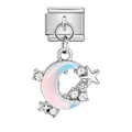 Maillon de charme italien avec pendentif lune et étoile, émail rose et cristaux - Style Étoile Lune Dégradé Bleu (ICG722-2)