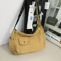 Minimalist mustard yellow canvas messenger bag with large capacity and front pocket - Khaki