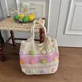 Sac cabas au crochet fait main avec fleurs colorées pour vacances d'été - Rose
