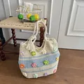 Sac cabas crocheté à la main avec fleurs 3D colorées pour les vacances d'été à la mer - Bleu