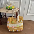 Sac cabas au crochet fait main avec fleurs, sac de plage d'été à rayures jaunes - Jaune