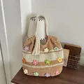 Grand sac fourre-tout au crochet avec fleurs 3D colorées pour les vacances d'été à la mer - Kaki