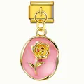 Breloque modulaire italienne dorée avec ovale en émail rose et motif de fleur rose - Style Rose Dorée Émail Rose (ICG720-2)