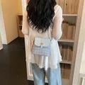 Light blue plaid crossbody bucket bag with gold heart clasp for women's summer style - With Pendant / Blue