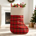 Media de Navidad grande con cuadros rojos y puño de lino para decoración del hogar - Versión Grande / Calcetín de Cuadros Rojos y Verdes