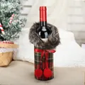 Festive Christmas plaid wine bottle cover featuring faux fur collar and red bow pom-poms - Green Plaid Wine Bottle Cover