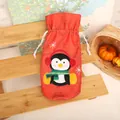 Festive red Christmas wine bottle cover with cute penguin design and drawstring closure. - Penguin Style