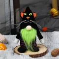Halloween black cat gnome plush decoration with green beard on a wooden base - Black Cat Style / Black