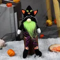 Festive Halloween black cat gnome plush with long striped legs and green beard - Black Cat Style