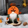 Handmade Halloween pumpkin gnome plush doll on wooden base for festive home decoration - Pumpkin Pattern / Orange