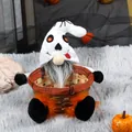 Spooky Halloween gnome figurine sitting in a round bamboo basket for home tabletop decor - Ghost Style