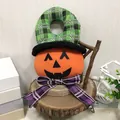 Plush Halloween pumpkin door hanger with green plaid witch hat and purple bow - 25cm x 16cm / Pumpkin Pattern