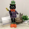 Adorable Halloween black cat plush doll with telescopic legs wearing purple plaid outfit - Black Cat Style / 1 Piece