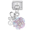 Charme modulaire italien avec une rose violette, un papillon argenté et une perle. - Style Papillon Argent Rose Violette Irisée (ICG891-4)