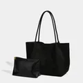 Large capacity vintage black suede tote bag set with matching clutch for commuter style - Black