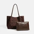 Retro leopard print suede tote bag and brown inner pouch set for daily commute - Leopard Coffee