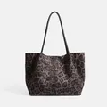 Large leopard print suede tote bag with black leather shoulder straps for commuting - Leopard Print Grey