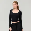 Professional slim fit black long sleeve yoga top with scoop neck for running and fitness - Black